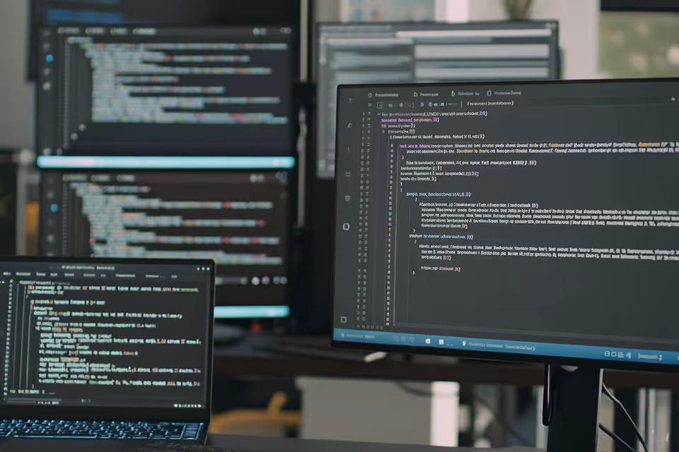 Multiple computer screens displaying programming code in a software development environment.