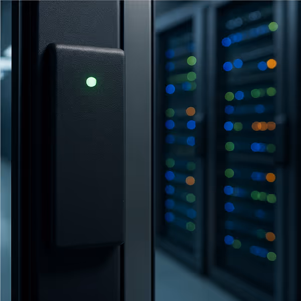 Close-up of a black electronic access card reader with a green indicator light on a server room door, with blurred server racks in the background.