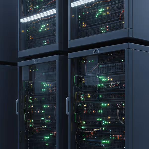 Close-up of dark server racks with green and red indicator lights and visible network cables.