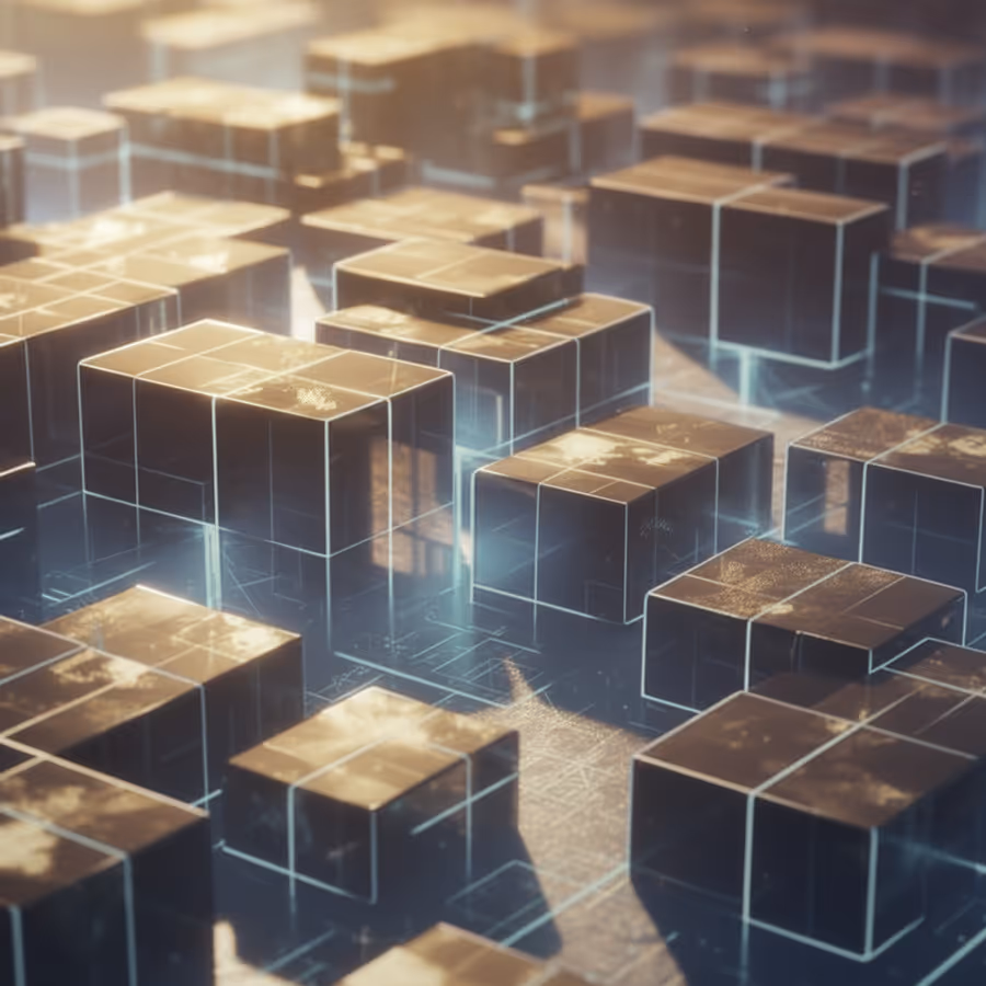 Abstract digital 3D cubes with glowing edges arranged closely on a dark surface.
