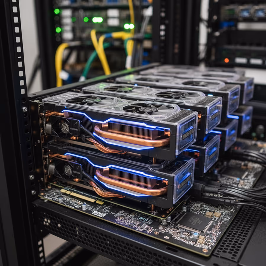Close-up of multiple high-performance GPU cards installed in a server rack with glowing blue LED accents and visible cooling pipes.