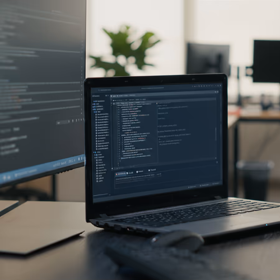 Laptop displaying code on screen in an office setting with a blurred monitor and plant in the background.