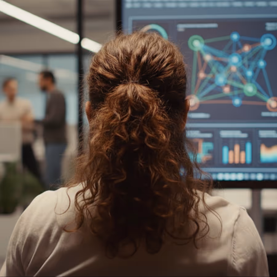 Person with curly hair tied back looking at a computer screen displaying data graphs and network connections.