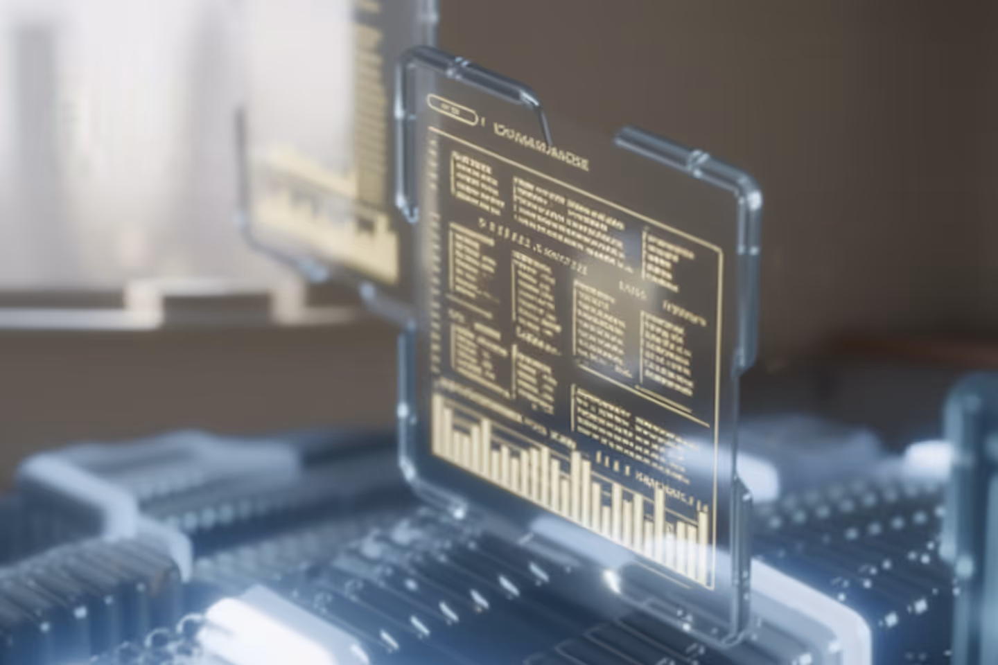 Holographic digital interface with data charts and lists floating above a futuristic circuit board.