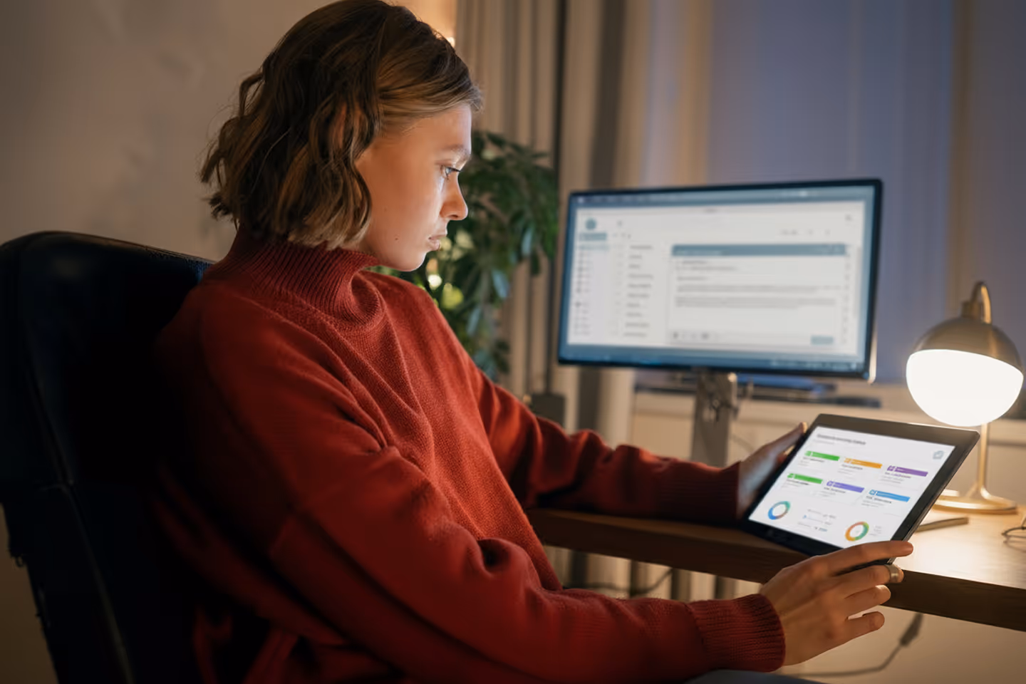 Young woman in a red sweater using a tablet displaying colorful charts with a computer monitor and desk lamp in the background.