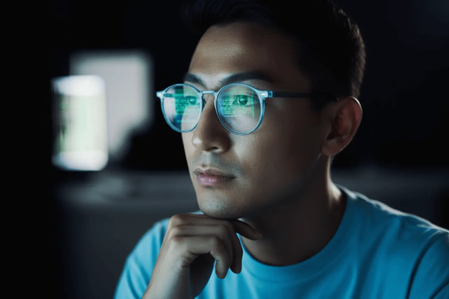 Man wearing glasses with computer code reflected in the lenses, looking thoughtfully at a screen in a dark room.