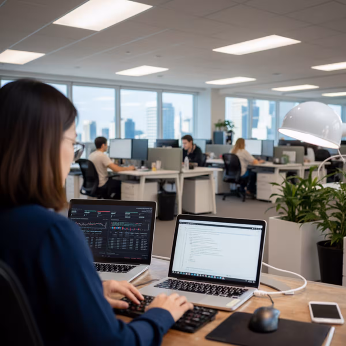 Person working on a laptop with two screens in a modern open-plan office with several other employees at desks.