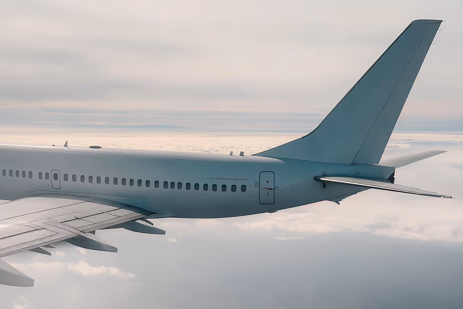 Side view of an airplane wing and tail flying above clouds during a calm, overcast day.