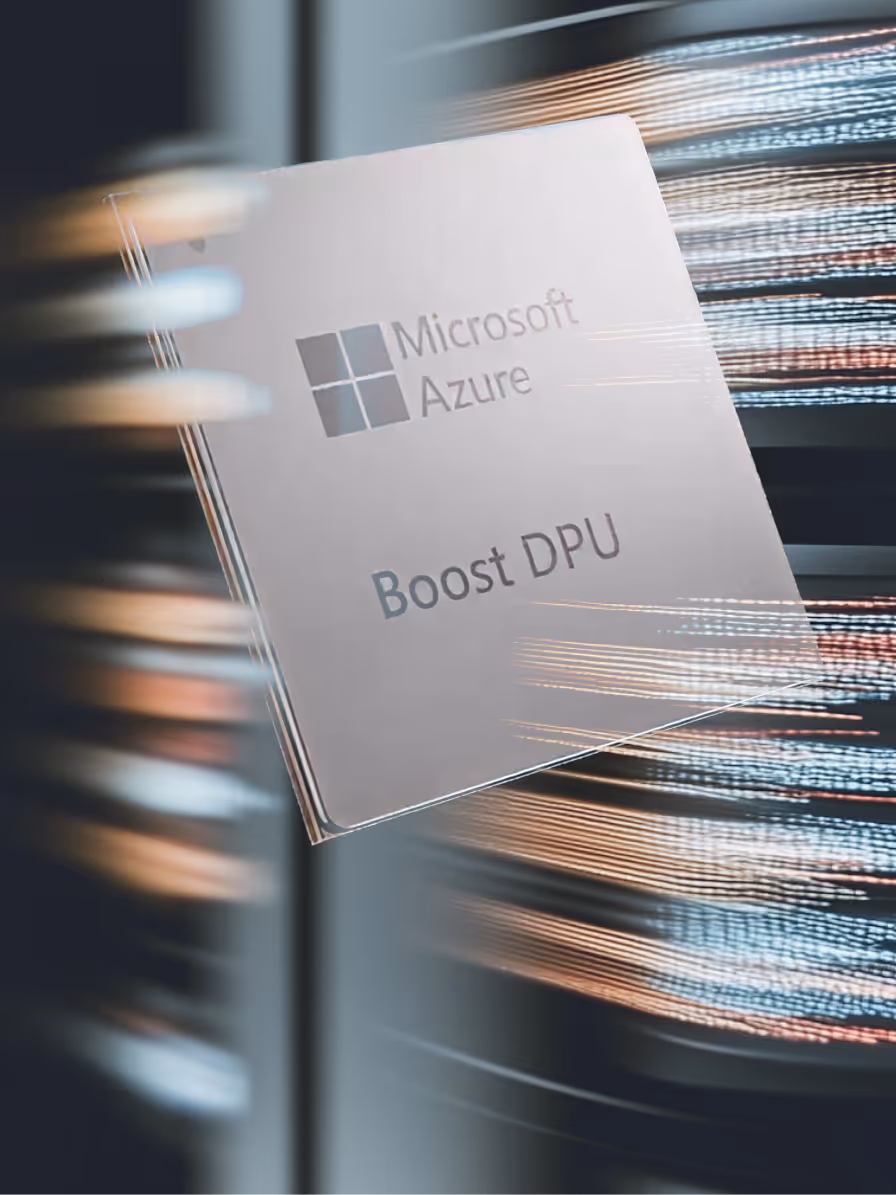 Close-up of a Microsoft Azure Boost DPU chip with digital and light streak effects in the background.