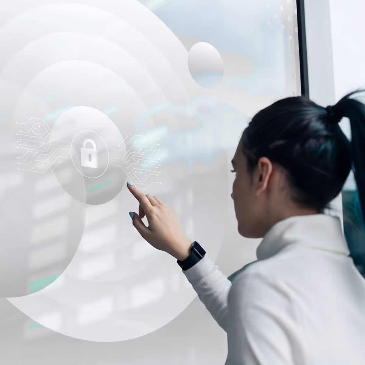 Woman with a ponytail and smartwatch interacting with a digital lock icon on a transparent screen.