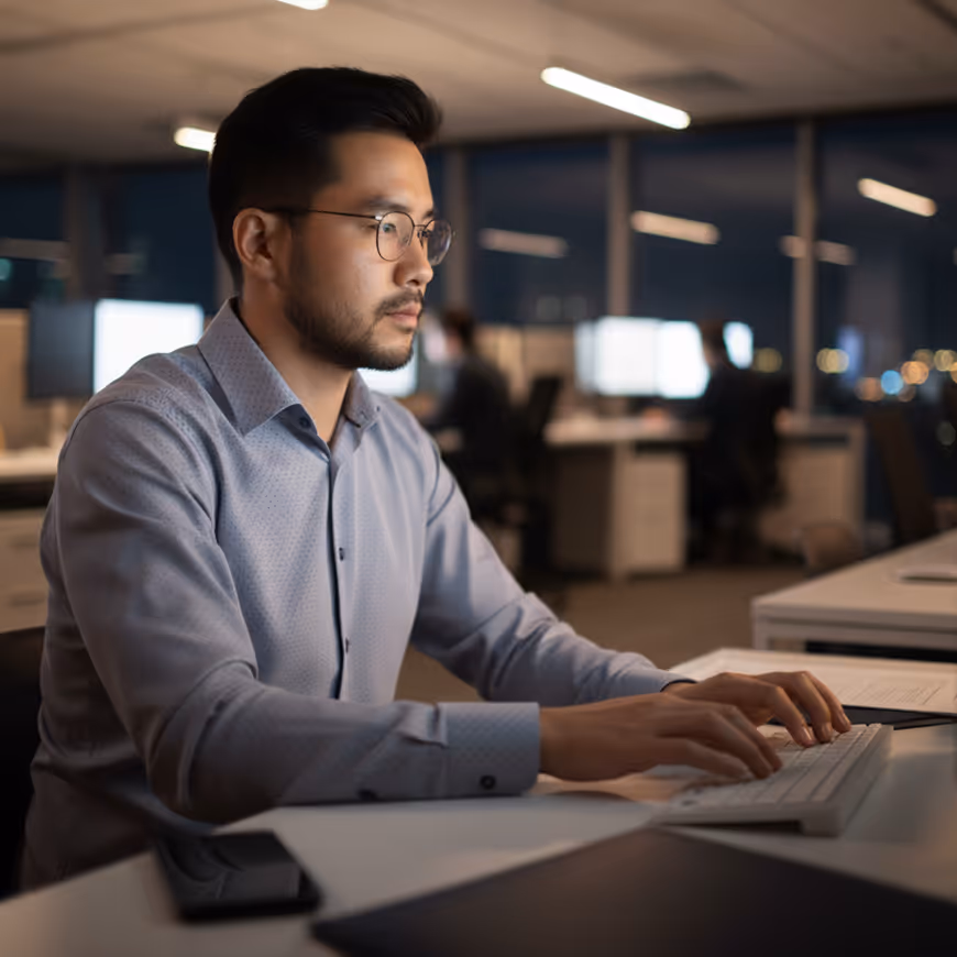 Man wearing glasses and a blue shirt typing on a keyboard in a dimly lit office at night.