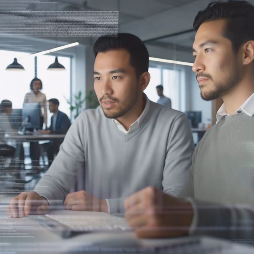 Two focused men working together on a computer in a modern office with colleagues in the background.