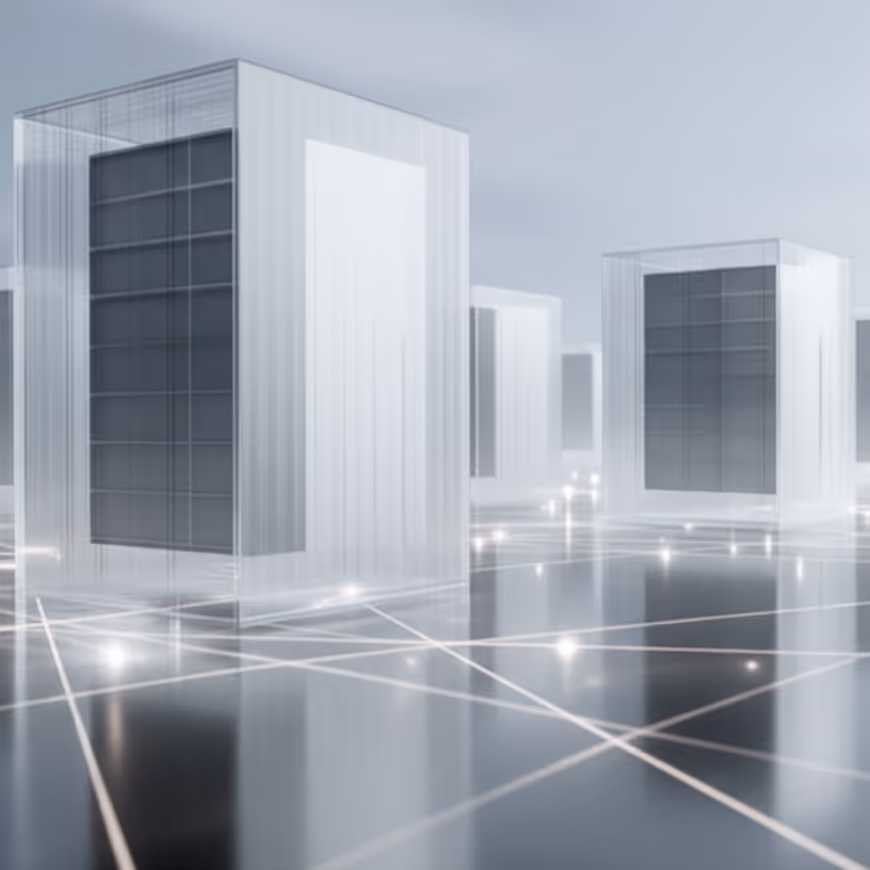 Futuristic translucent server racks with glowing network lines on a reflective floor.