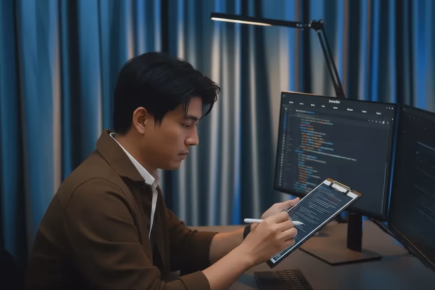Man using a stylus to write on a tablet with dual monitors displaying code in the background.