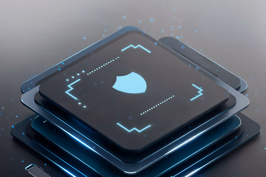 Stacked black and blue digital layers with a glowing shield icon symbolizing cybersecurity.