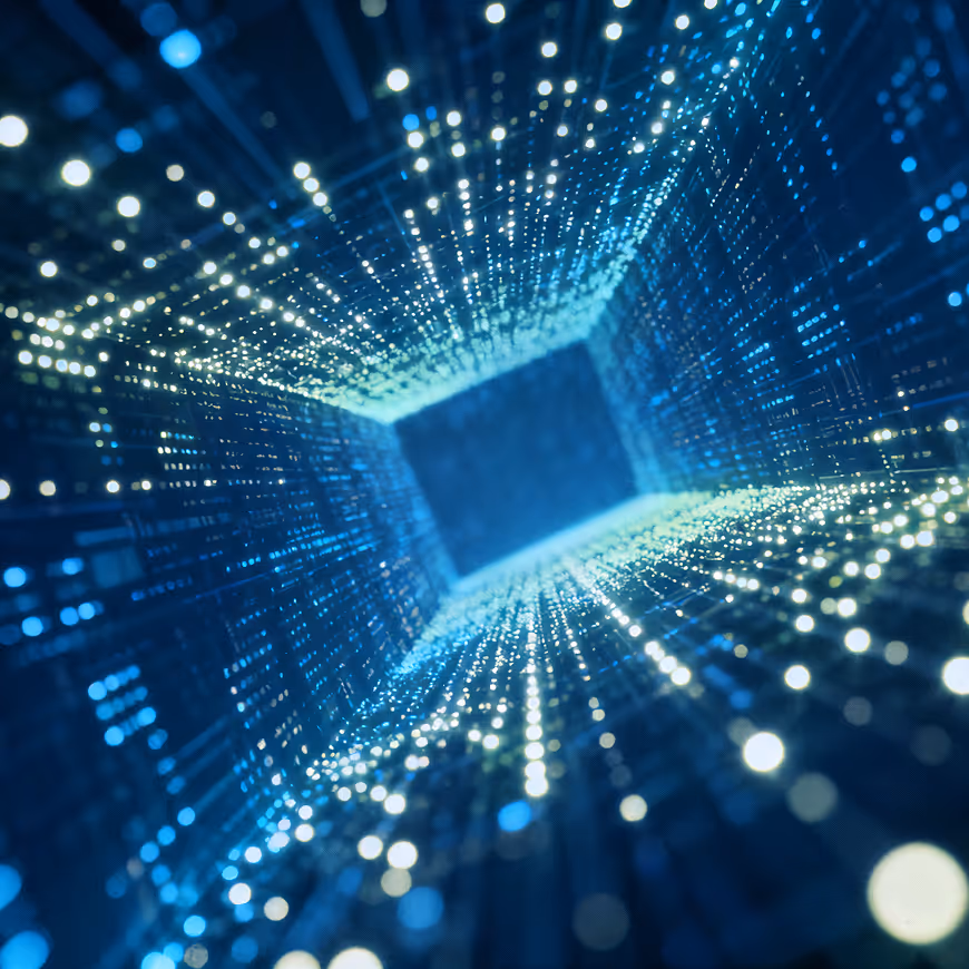 Abstract digital tunnel with glowing blue and white lights forming a 3D grid pattern.