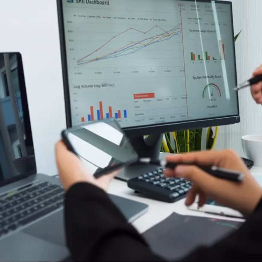 Person holding a smartphone and pen in front of a computer monitor displaying graphs and charts on an SRE Dashboard.