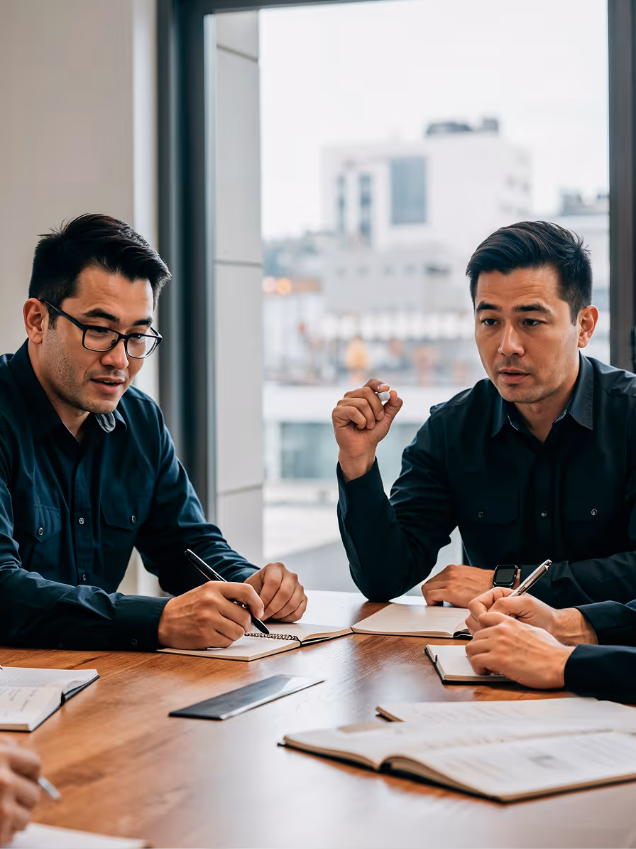 Two men in dark shirts engaged in a meeting, writing notes around a wooden table with notebooks and documents.