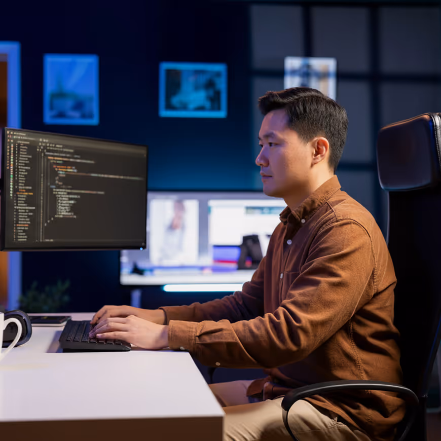 Man in brown shirt typing on keyboard while looking at computer screen with code in a dimly lit office.