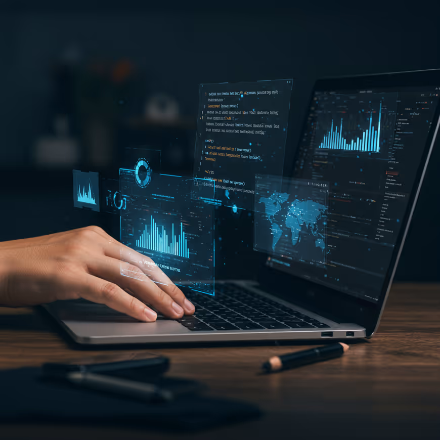 Hand typing on a laptop keyboard displaying holographic data charts, world map, and code interface.
