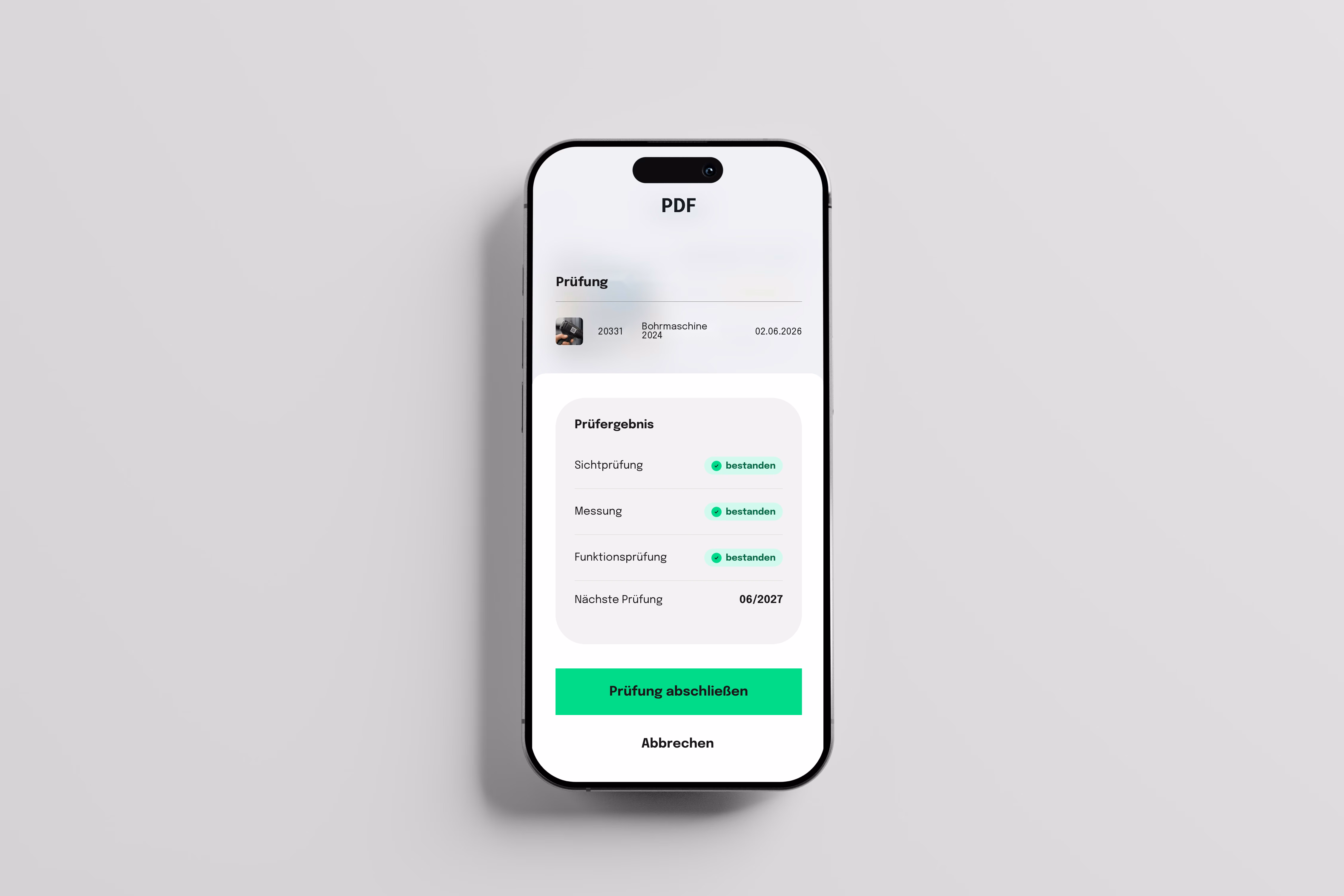 Inventar App: Prüfergebnis einer DGUV-V3-Prüfung für eine Bohrmaschine mit Sichtprüfung, Messung und Funktionsprüfung