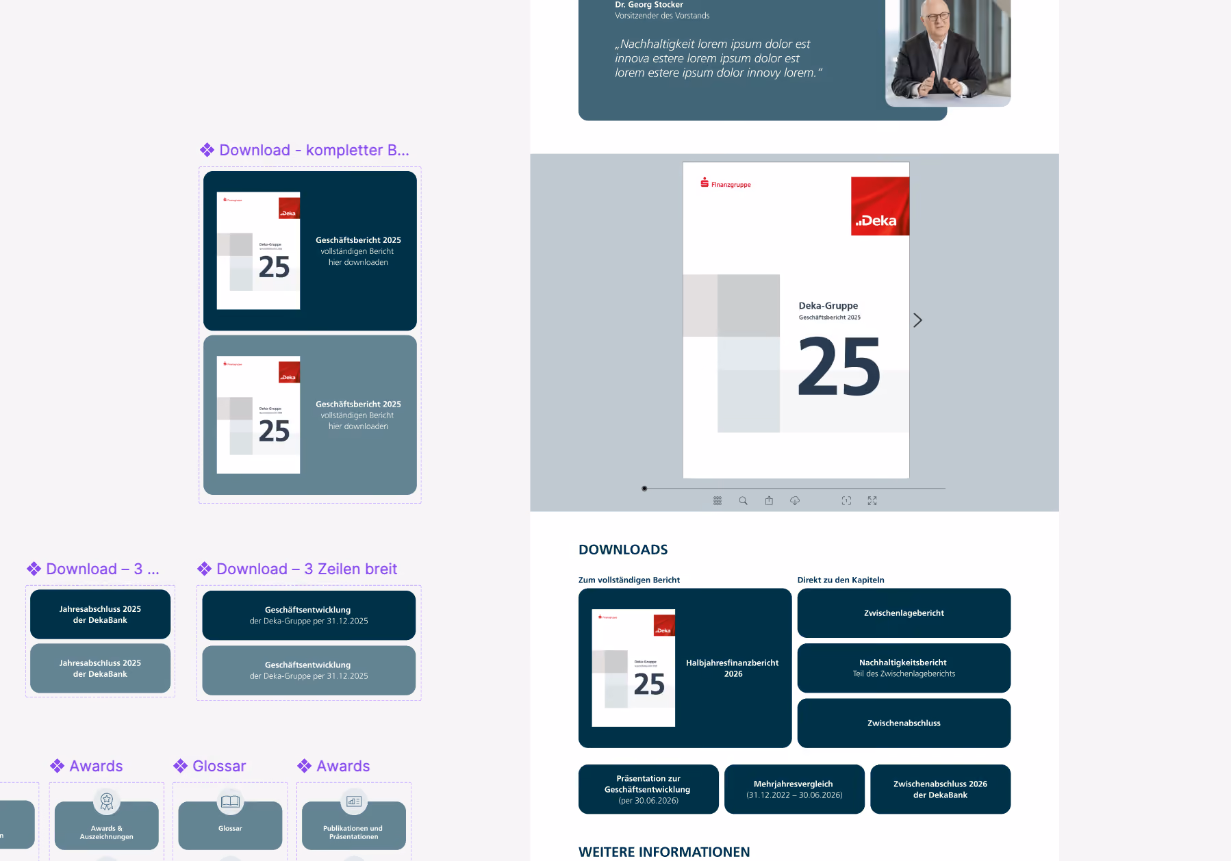Vergleich des Figma-Designs mit der umgesetzten Webflow-Seite: Download-Kacheln, Bericht-Viewer und Downloadbereich