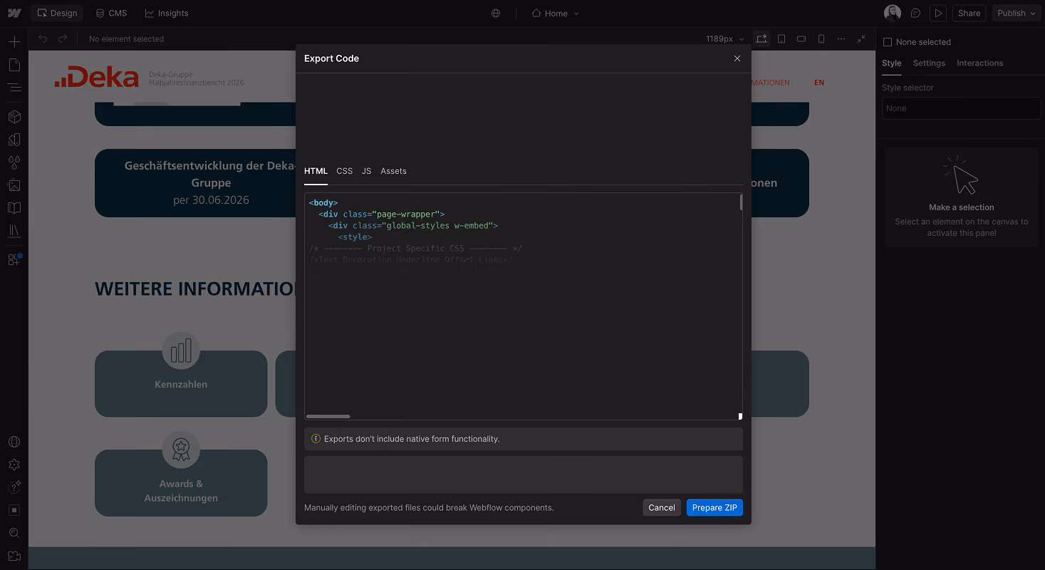 Webflow-Designer mit Export-Code-Dialog (HTML, CSS, JS, Assets) und Button „Prepare ZIP“ für den Seitenexport