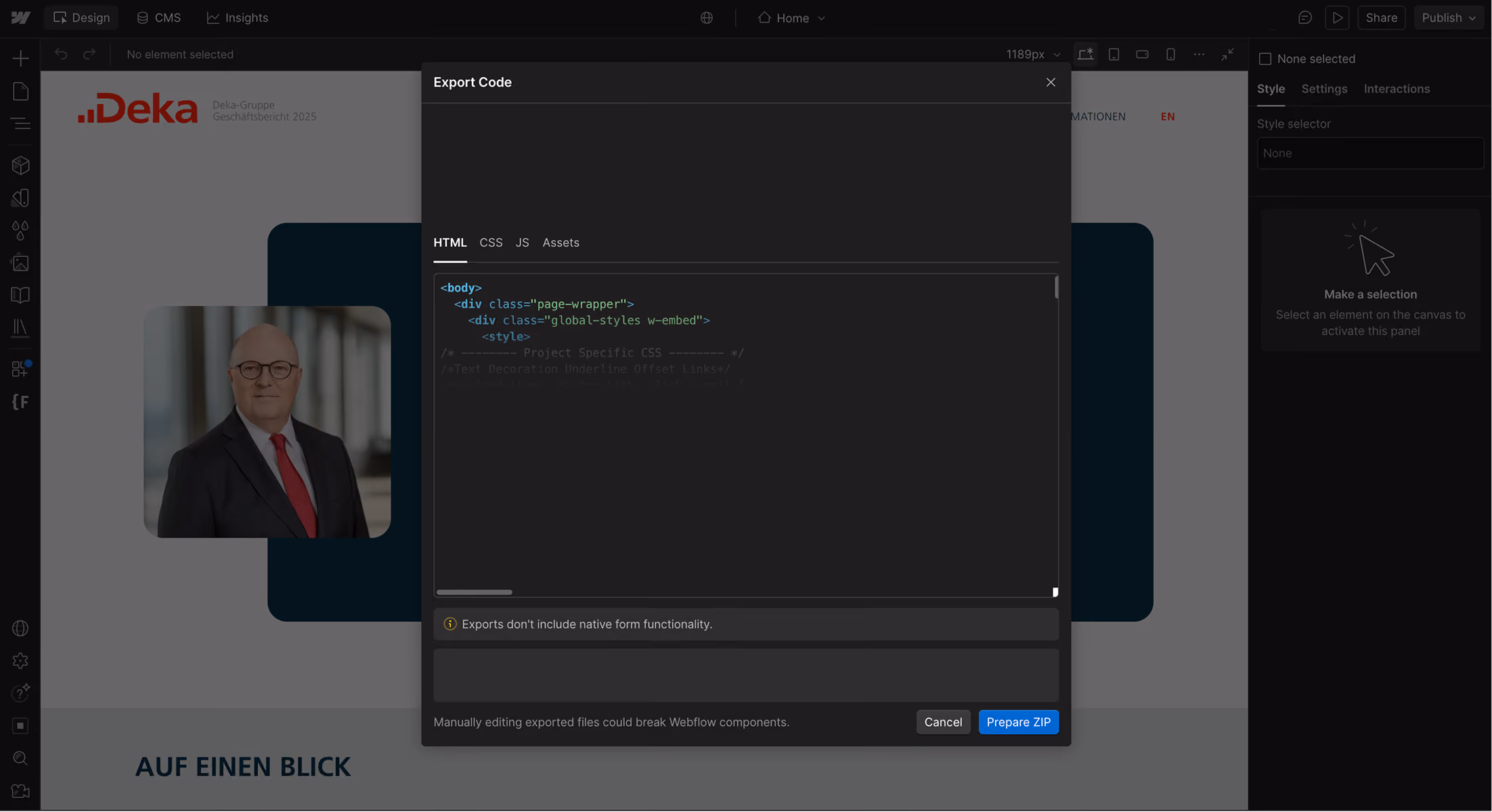 Webflow-Designer mit Export-Code-Dialog (HTML, CSS, JS, Assets) und Button „Prepare ZIP“ für den Seitenexport