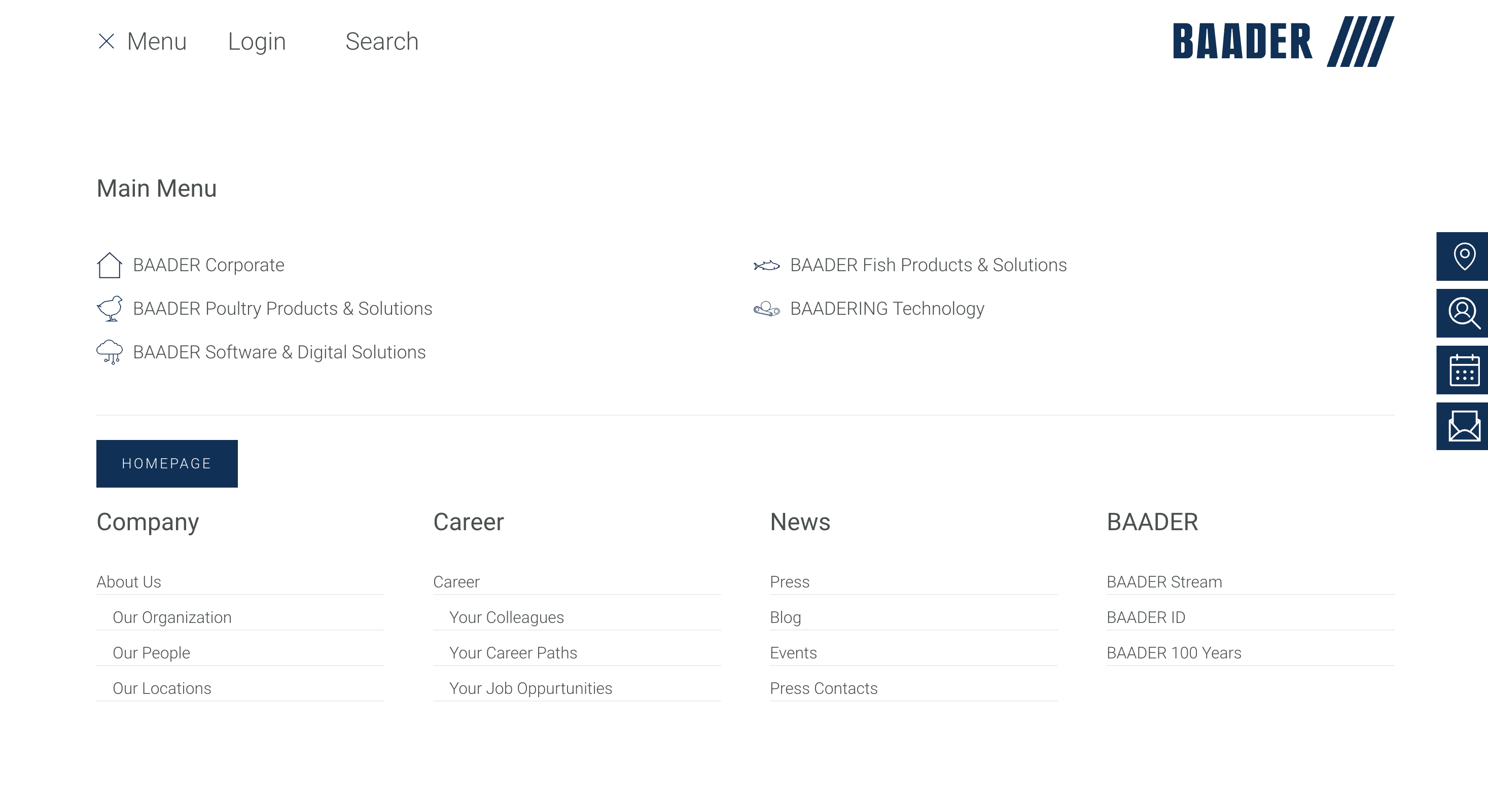 Hauptmenü der BAADER-Website mit den Bereichen Fish, Poultry, BAADERING Technology, Medien, Events und Karriere