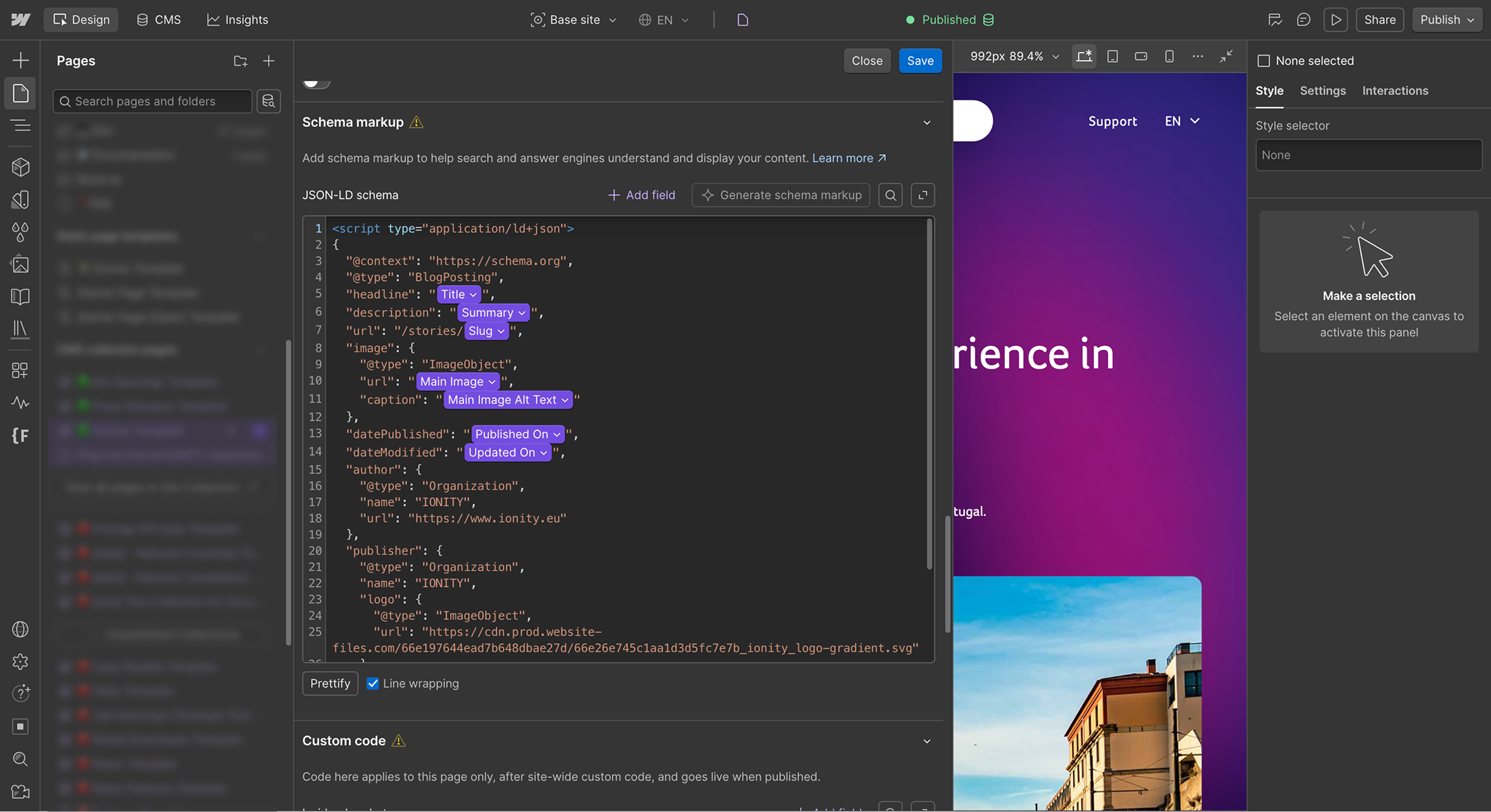 IONITY Schema in Webflow Settings
