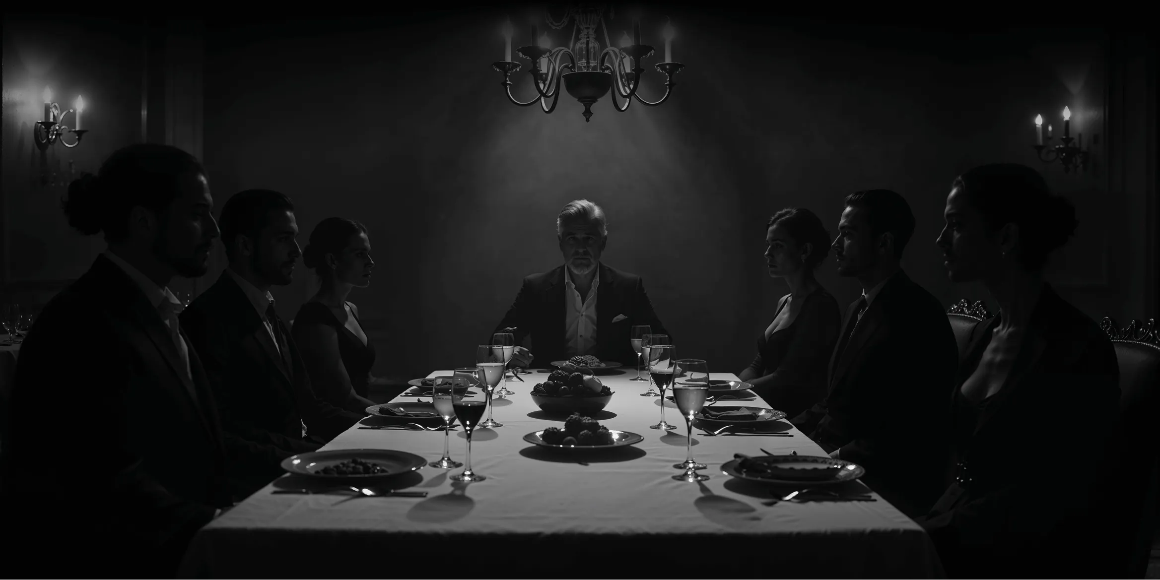 The Seventh Seat cast at a dramatic dinner table