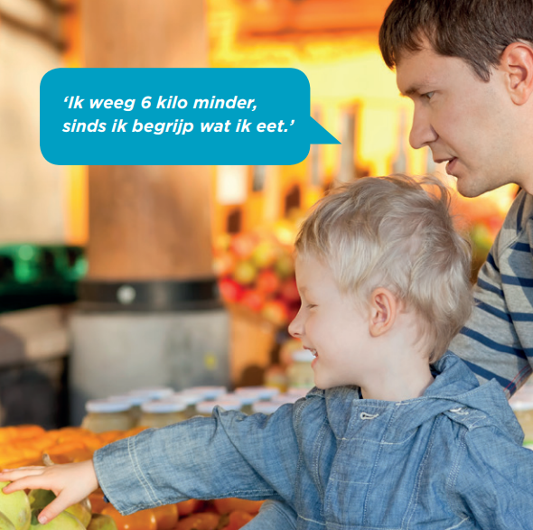 Man met kindje met praatwolk: 'Ik weeg 6 kilo minder sinds ik begrijp wat ik eet.'