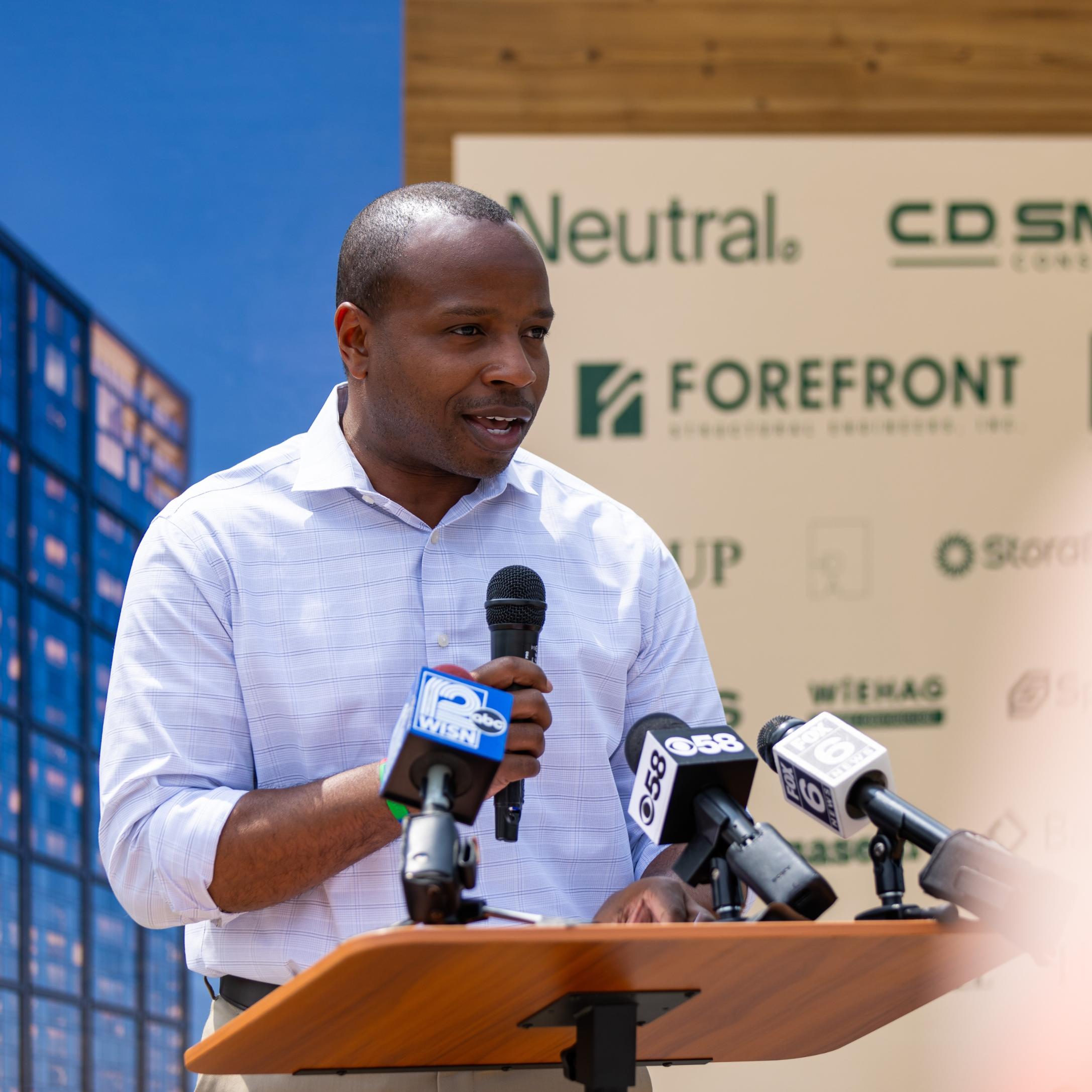 Mayor Cavalier Johnson speaking at the groundbreaking ceremony