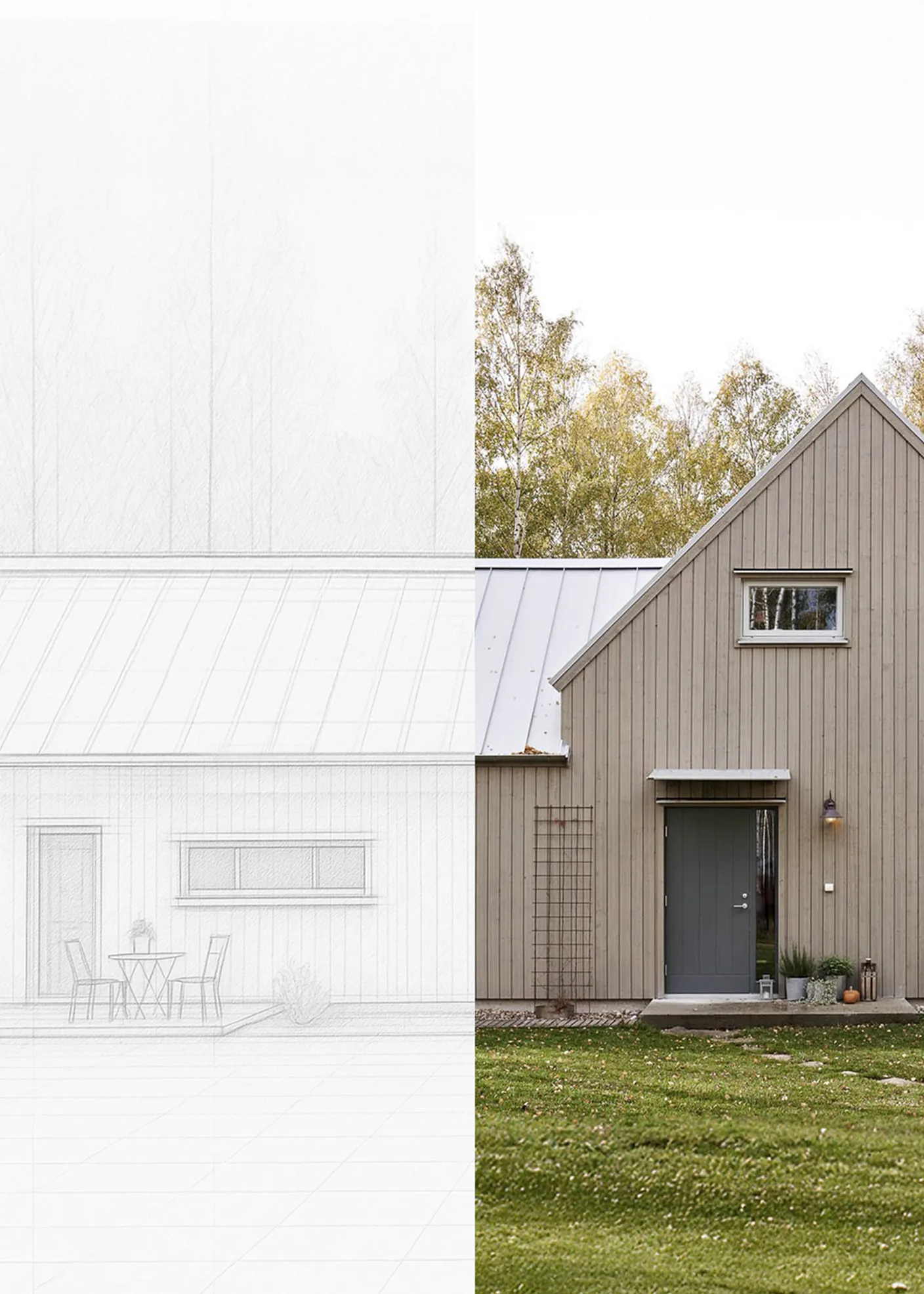 Arvesund house exterior shown half as an architectural sketch and half as a completed wooden home with pitched roof and front entrance.