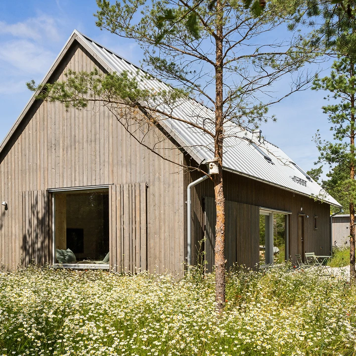 Arvesund house with wooden facade and pitched roof, surrounded by wildflowers and pine trees in a natural forest setting.