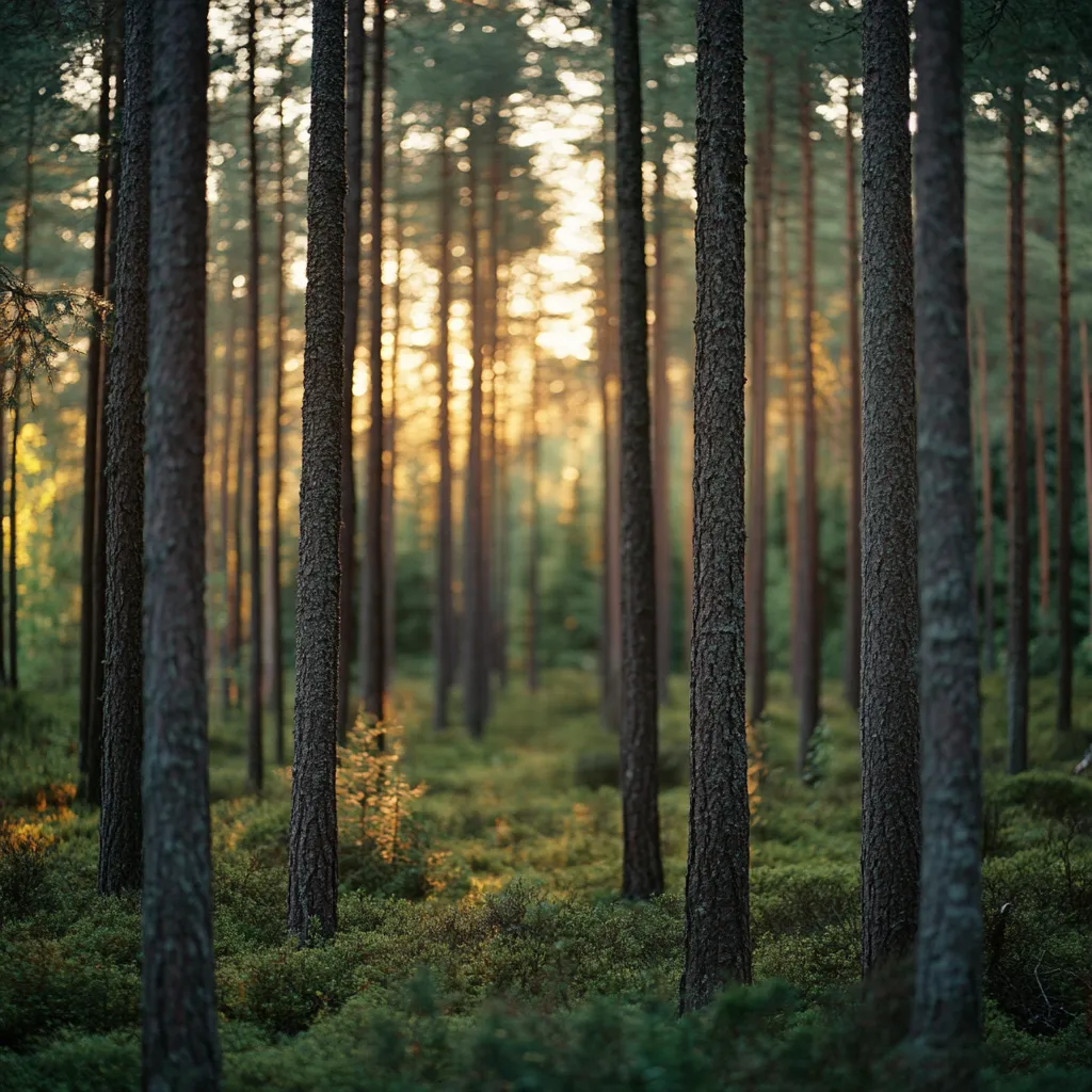 Sunlight filtering through tall forest trees, casting warm rays and soft shadows on the forest floor