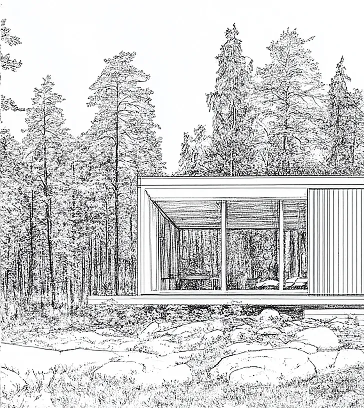 Architectural sketch of a modern minimalist house with large windows, set in a forest landscape with tall trees and rocks
