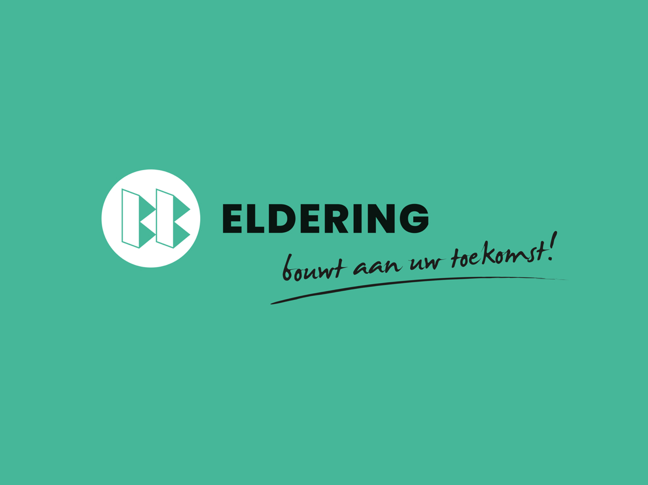 Logo of Eldering with geometric symbol inside a circle on a green background, company name in bold black text, and the slogan ‘bouwt aan uw toekomst!’ in handwritten style.