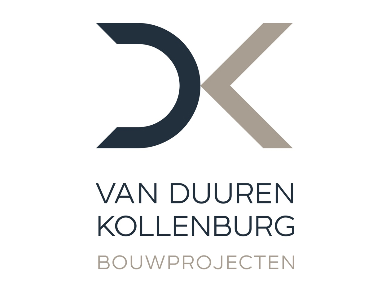 Logo of Van Duuren Kollenburg Bouwprojecten, featuring the initials DK in navy blue and beige above the company name.
