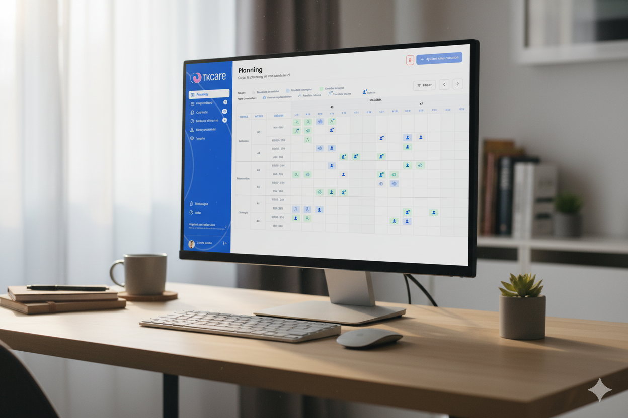 Ordinateur sur un bureau avec l'application tkcare ouverte