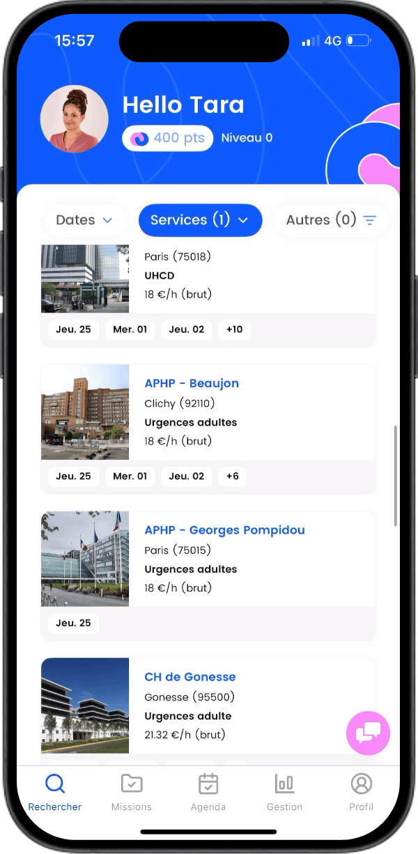 application tkcare - filtrer les missions