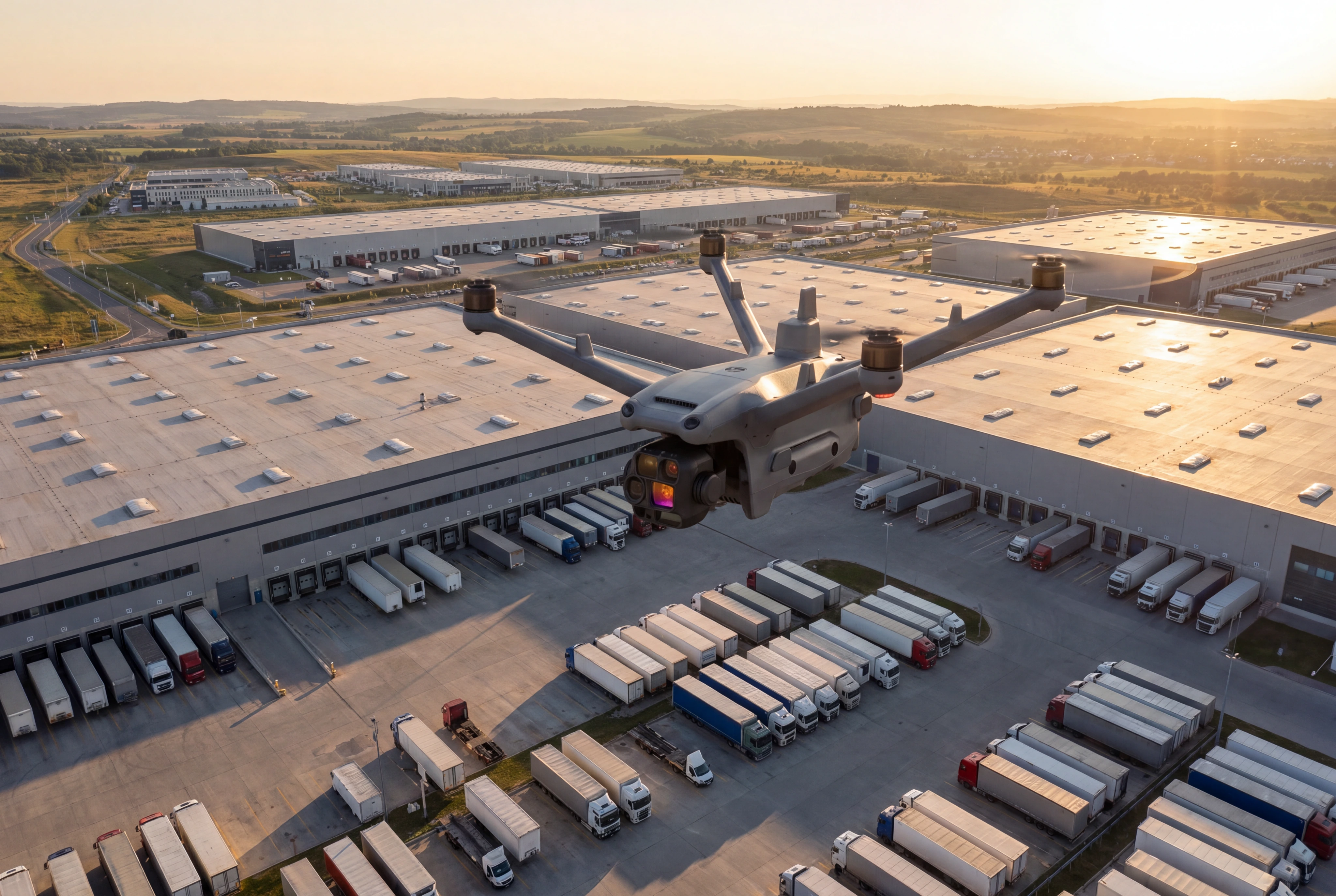 3D-Modell einer Drohnendetektions-Sensoreinheit mit RF-Antennen auf Stativ zur Luftraumüberwachung von Industrie- und Logistikgeländen.