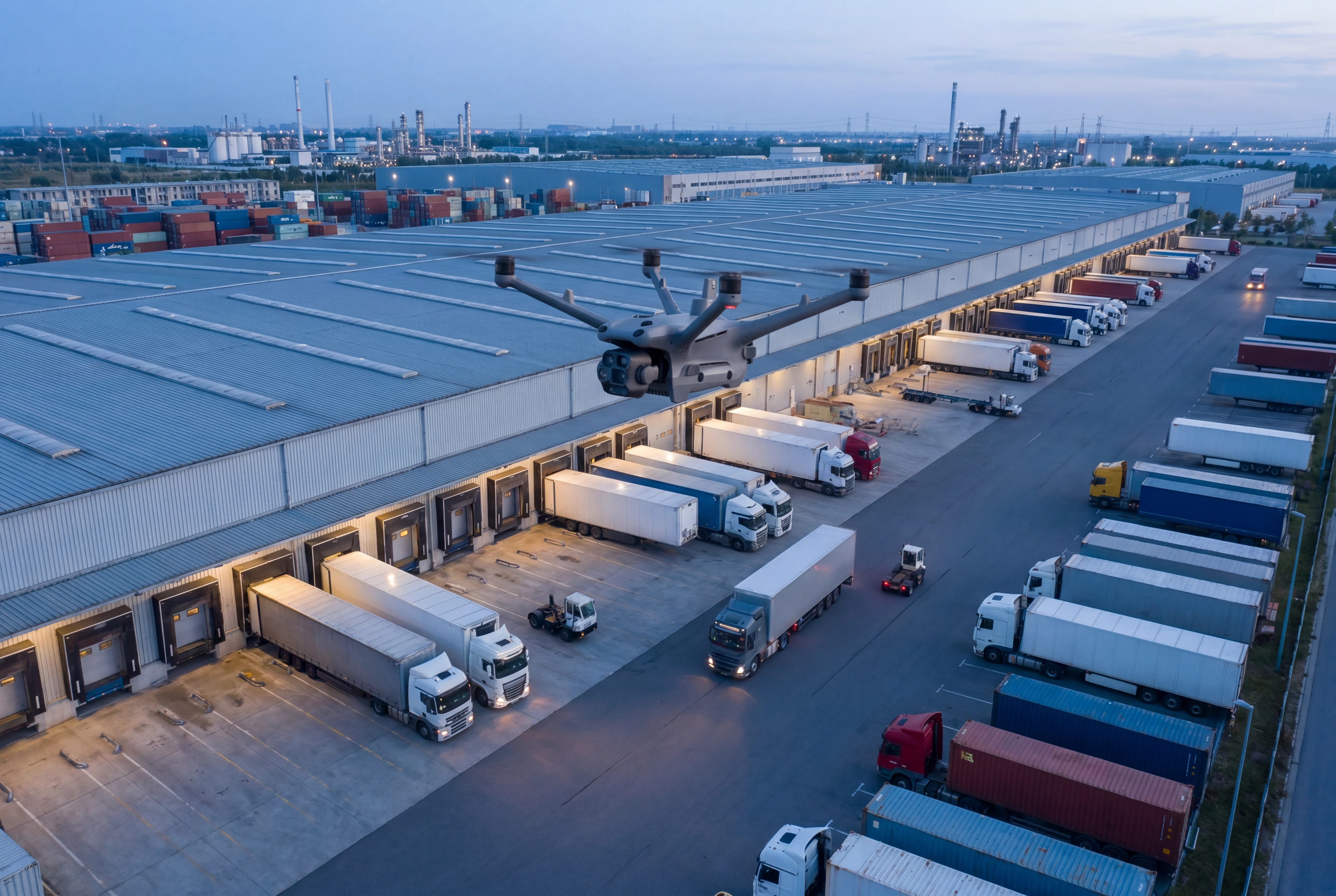Sicherheitsdrohne im Nachtflug über Industriegebiet mit Logistikhallen, autonome Drohnenüberwachung des Werksgeländes in der Dämmerung.