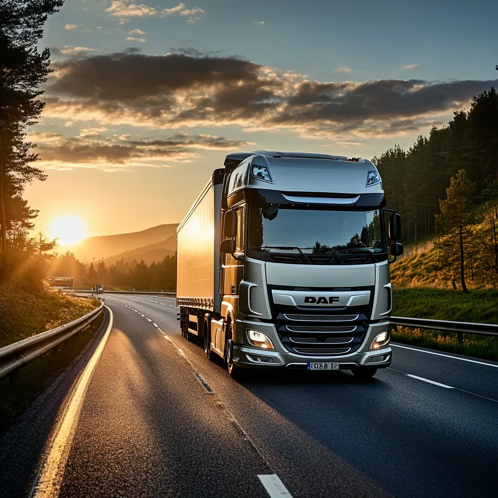 Moderner DAF-Lkw fährt bei Sonnenaufgang auf einer Landstraße durch hügelige Landschaft – Symbol für Leistung und Effizienz.