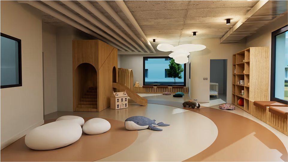 Salle de jeux d'enfants avec tapis en forme de spirale, poufs blancs, toboggan en bois, peluches et fenêtres.