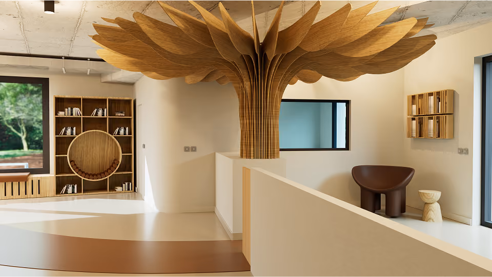 Intérieur lumineux avec une sculpture en bois en forme d'arbre suspendue au plafond et mobilier moderne.