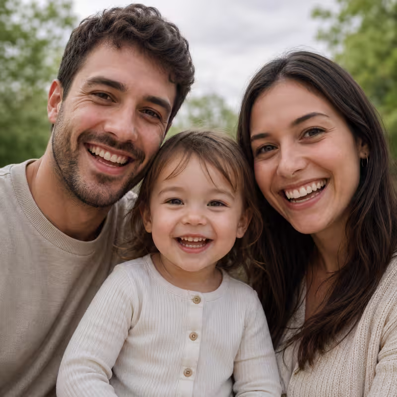 Une famille souriante composée d’un homme, d’une femme et d’un enfant en extérieur.