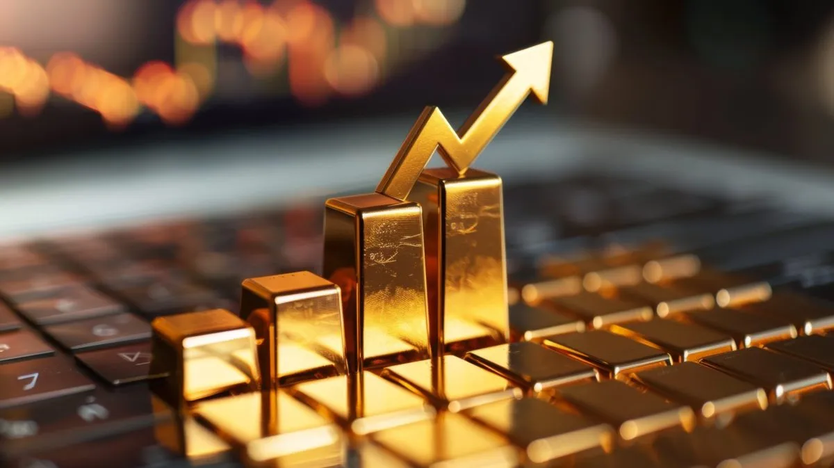 Several gold bars arranged on a laptop keyboard with a gold upward arrow, symbolizing financial growth.