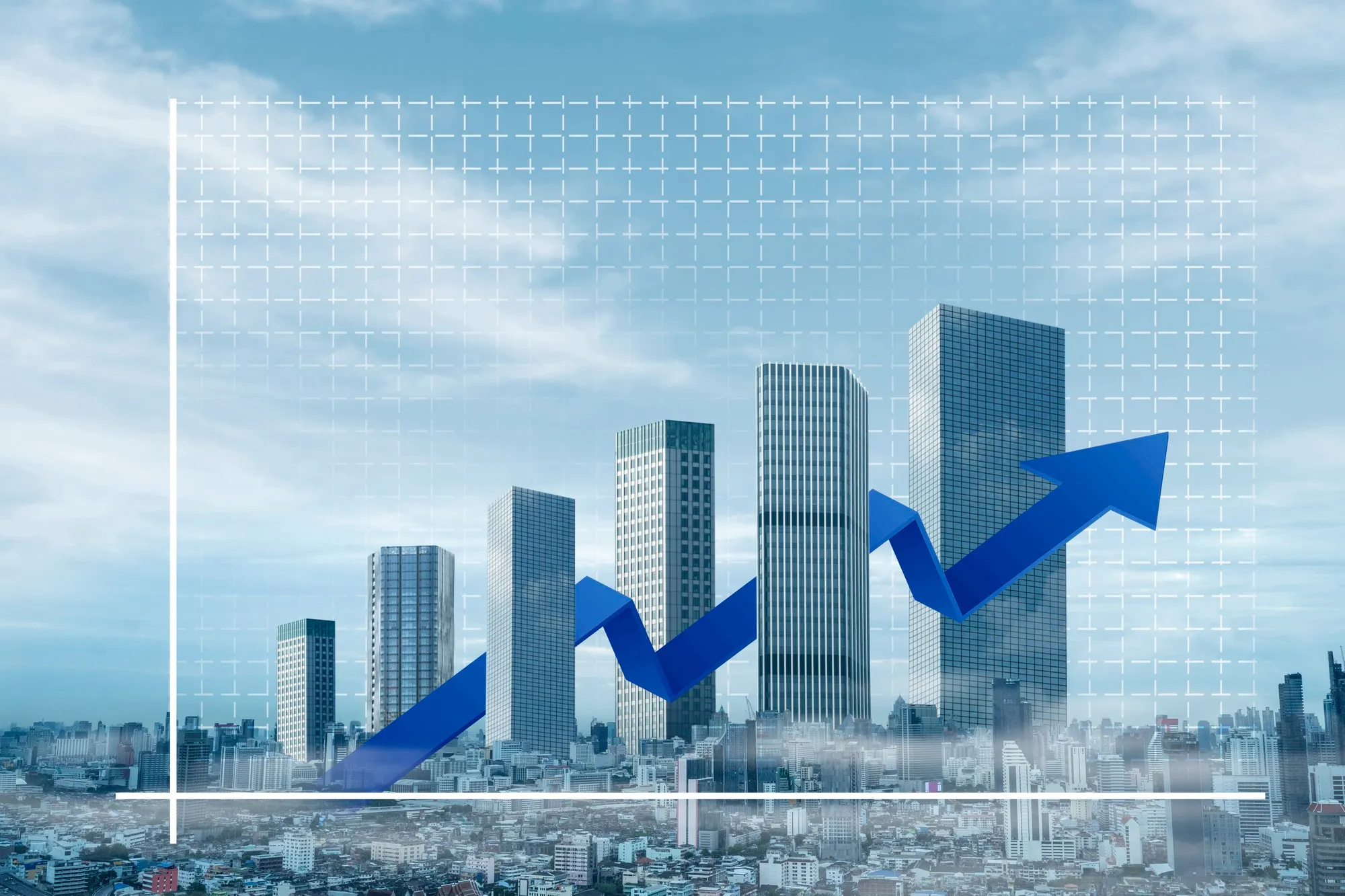 Tall modern office buildings overlaid with a blue upward trending line graph, symbolizing economic growth.