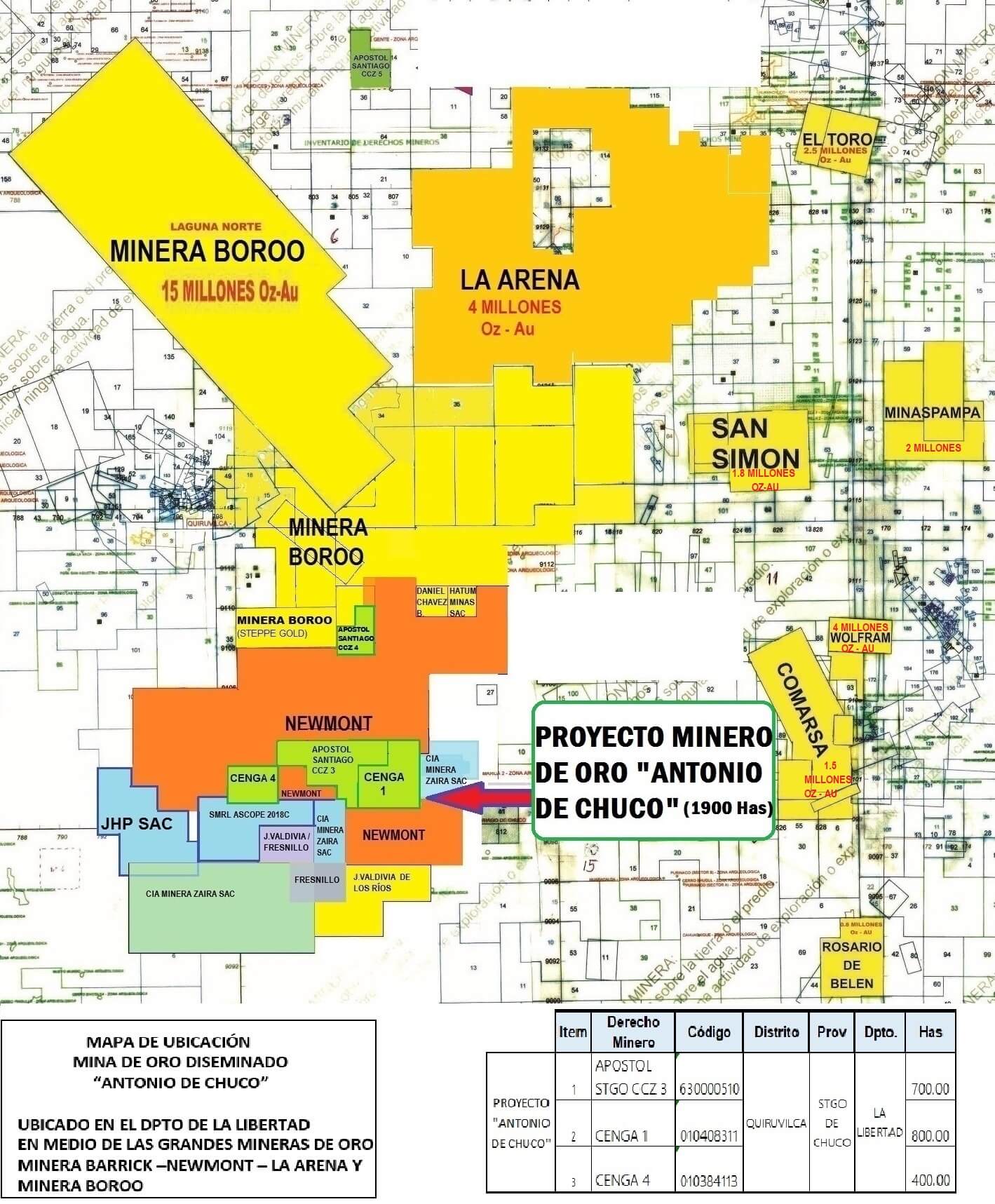 Map of the Antonio de Chuco gold project in La Libertad, Peru, with nearby concessions labeled.